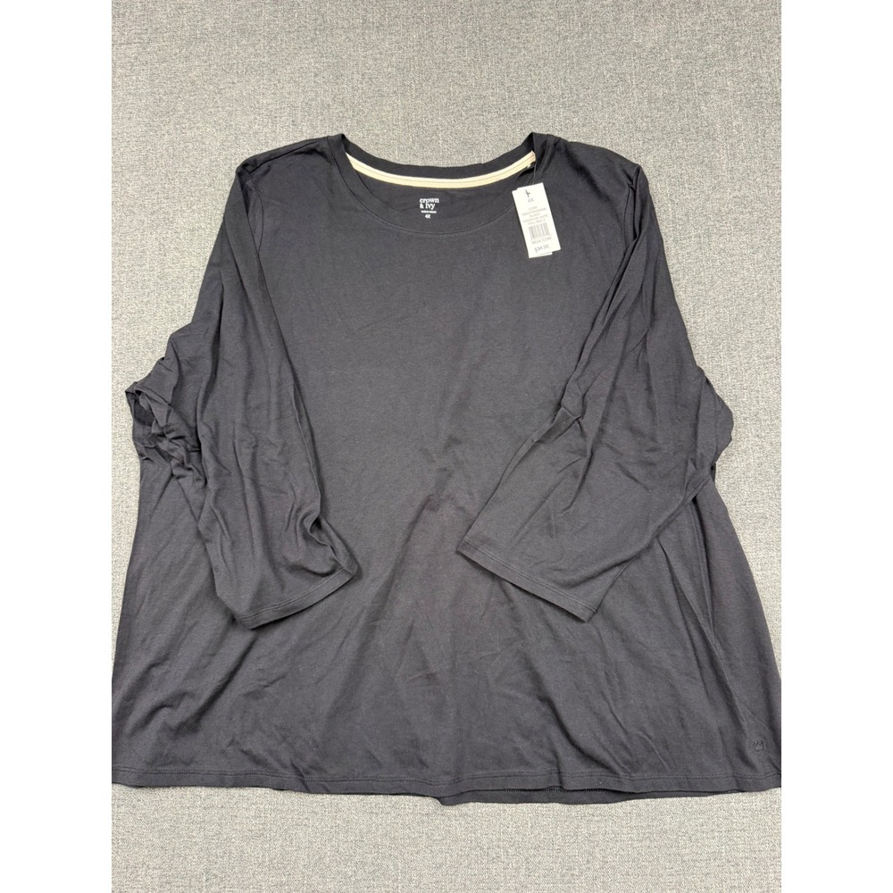 Crown & Ivy Women 4X Black Essential Knits 3/4 Sleeve Crew Neck Top NWT